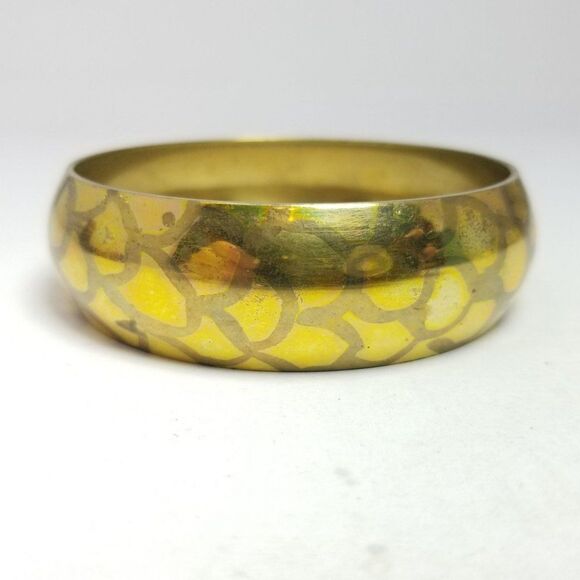 Vintage Gold Tone Scale Pattern Wide Metal Bangle Bracelet, Stacking Estate - Picture 1 of 7